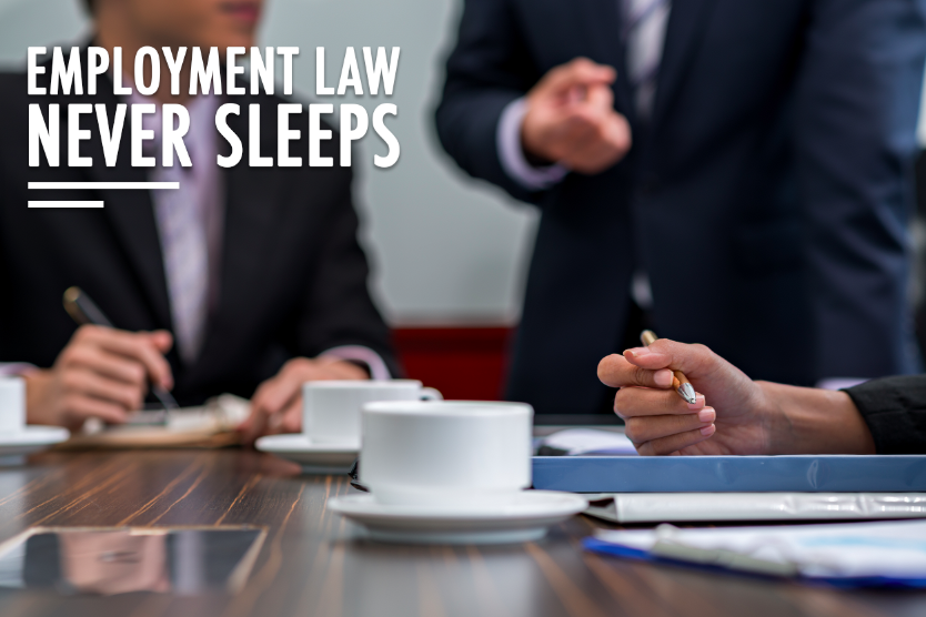Businessmen meet around of table with coffees. This leads to the Employment Law Never Sleeps Blog